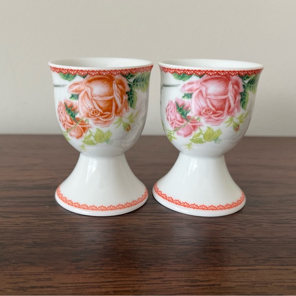 MEVIS LINE Floral Rose Soft Boiled Egg Cups Porcelain Set Of 2 cottage Shabby - Picture 2 of 13